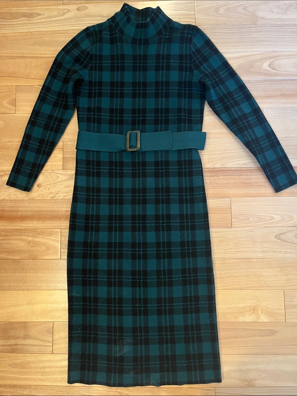 Plaid Long-Sleeve Knit Sweater Midi Dress with Belt - Teal/Black